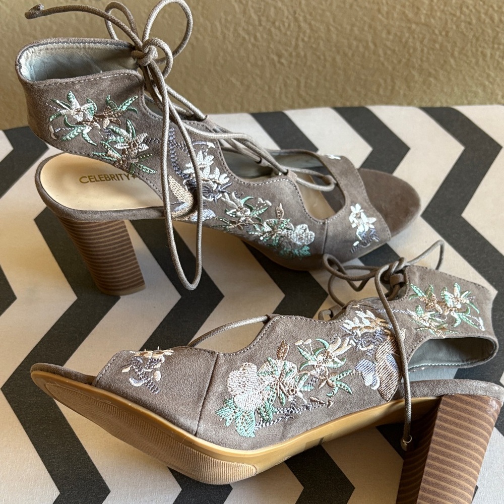 Gray Floral Embroidered Heels